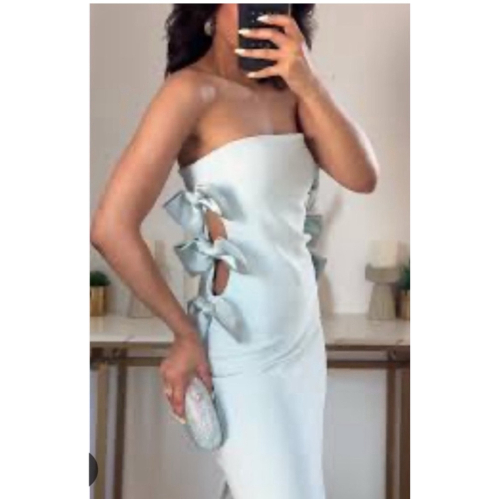 Bloggers Fave Zara Bow Dress, Size S Light Blue Green Sage - Picture 2 of 11